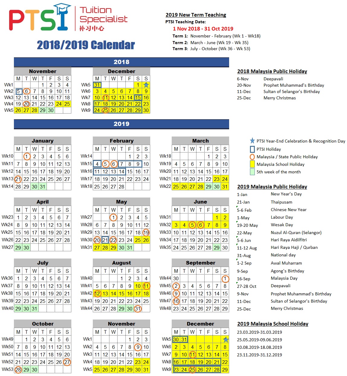 PTSI Calendar 2018/2019 – PTSI Tuition Specialist – Your Child Our Priority
